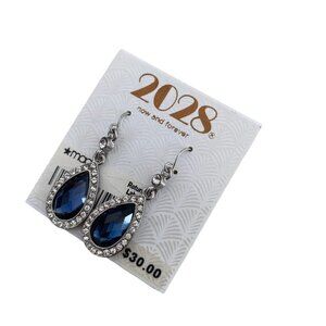 NWT 2028 DROP EARRINGS BLUE CRYSTAL PEAR SHAPE DANGLING SILVER TONE